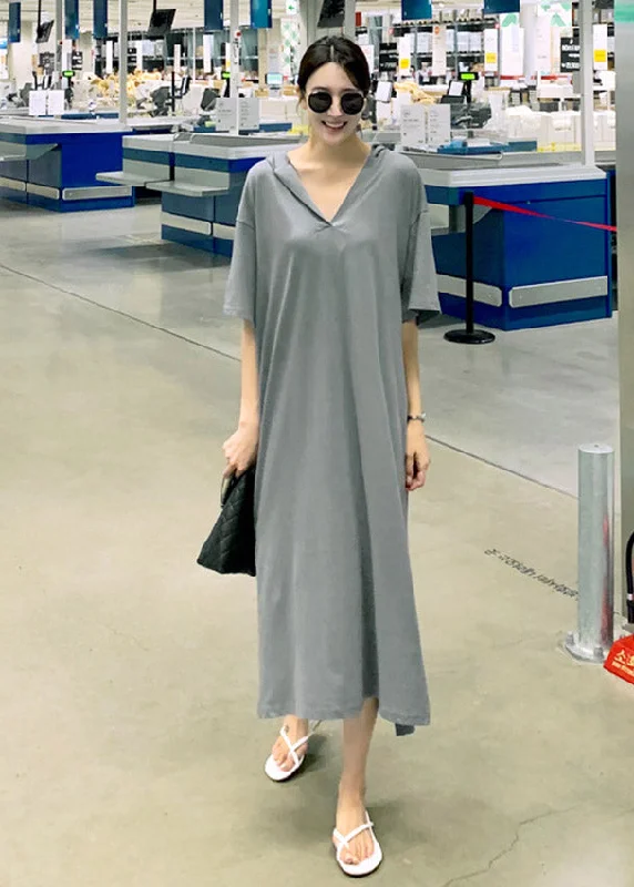 New Arrival luxury dressLoose Grey V Neck Side Open Cotton Dress Short Sleeve
