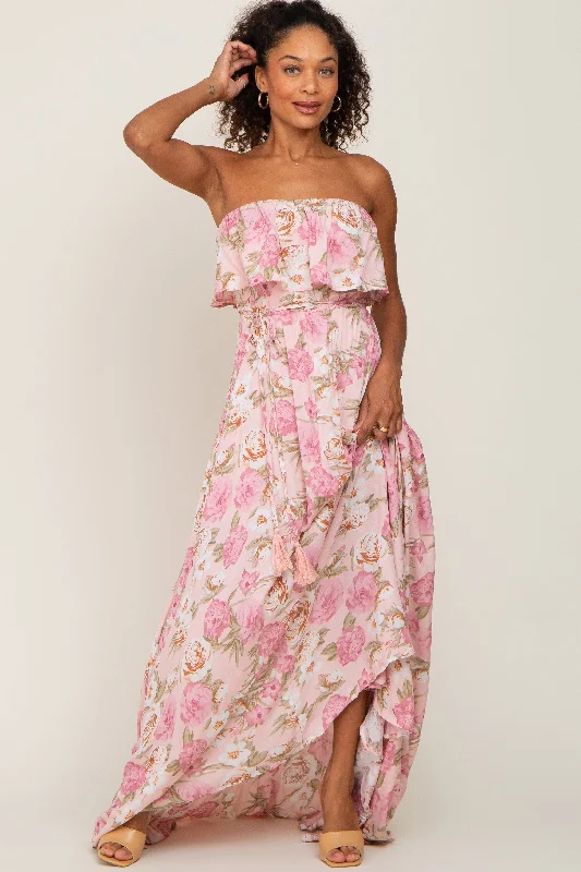 Amazing Deals textured dressLight Pink Floral Strapless Ruffle Front Maxi Dress