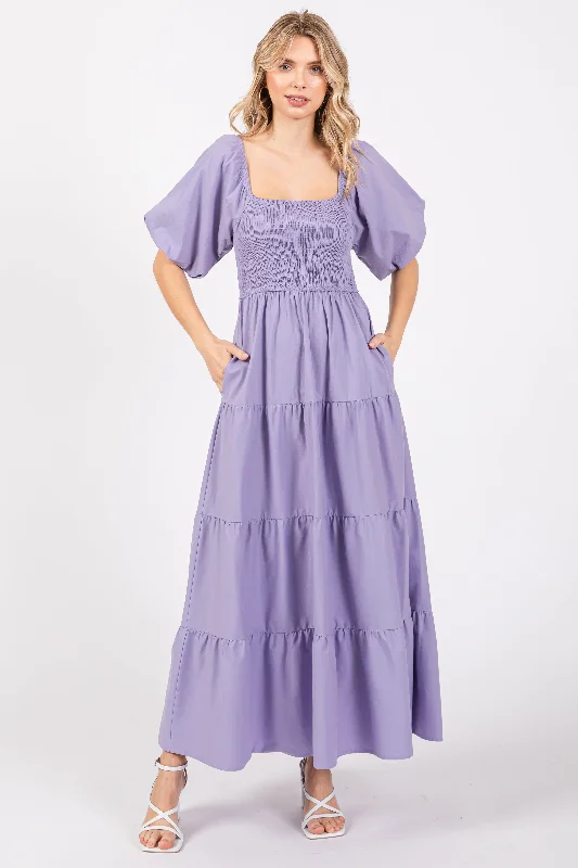 Grand Opening Sale luxury dressLavender Smocked Square Neck Puff Sleeve Tiered Maxi Dress