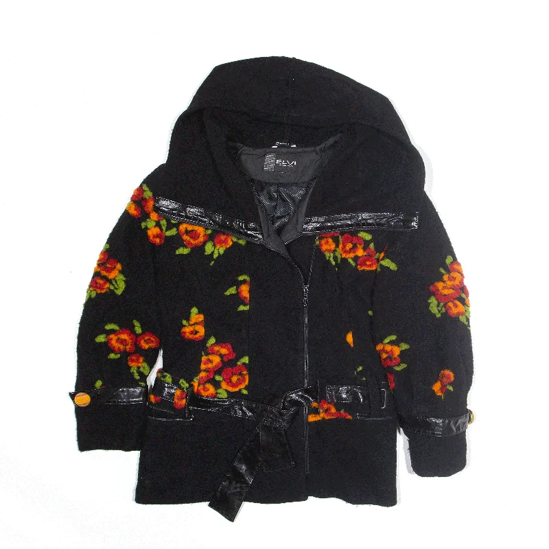 Epic Deals classic bomber jacketELVI Pea Coat Black Floral Womens M