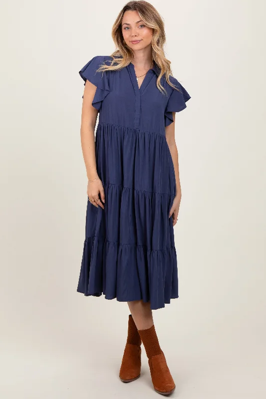 Instant Discount floral midi dressNavy Blue Ruffle Sleeve V-Neck Tiered Midi Dress