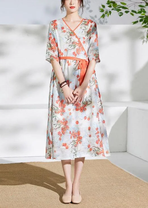 Special Price casual dressWomen red print linen dress v neck tie waist loose Dress