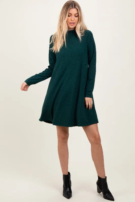 Online Only ashionable dressForest Green Ribbed Mock Neck Long Sleeve Basic Dress