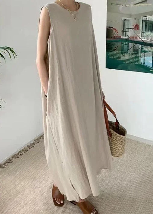 Special Price boho dressPlus Size Apricot Pockets side open Dress Sleeveless