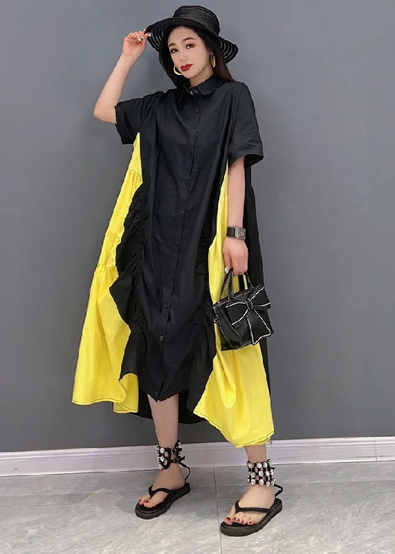 Markdown Madness minimalistic dressPlus Size Black Yellow Colorblock Peter Pan Collar Wrinkled Cotton Shirt Dress Short Sleeve