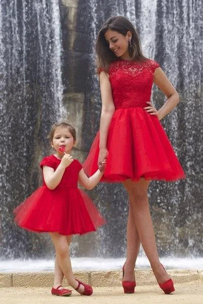 tiered dressLovely Red Lace Mother and Daughter Dress Tulle Short Cocktail Homecoming Dress-319272