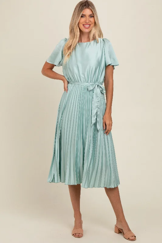 Deal Dash elegant maxi dressMint Green Satin Pleated Sash Tie Midi Dress