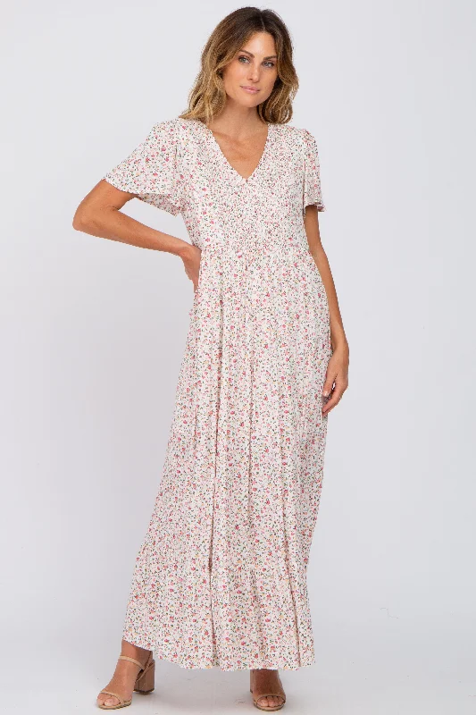 Bonus Savings casual slip dressIvory Floral Smocked Front Ruffle Hem Maxi Dress