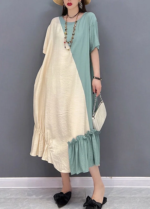 Crazy Deals sophisticated dressLoose Yellow Green O-Neck Patchwork Ruffled Long Dress Short Sleeve