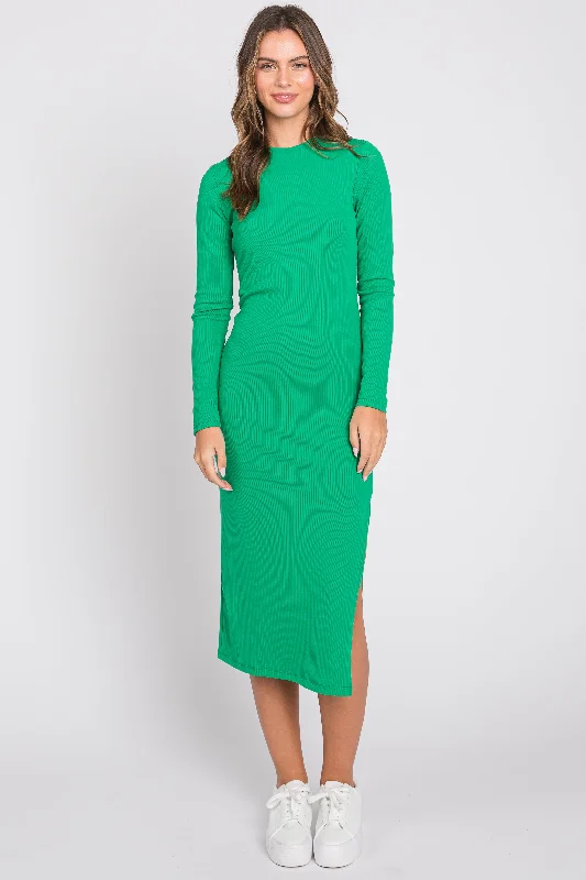 Incredible Offers lace dressGreen Ribbed Mock Neck Long Sleeve Midi Dress