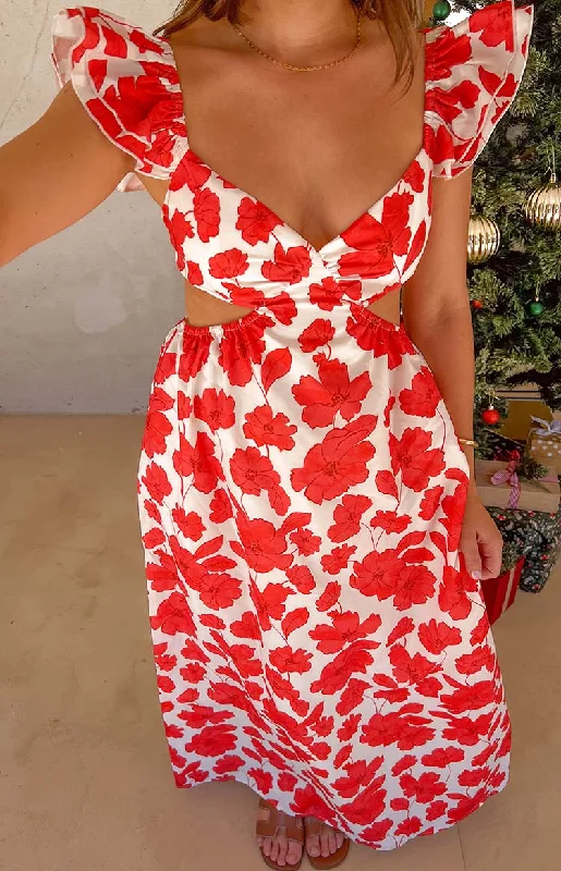 Weekend Special oversized puffer coatKaden Red Anemone Floral Print Maxi Dress