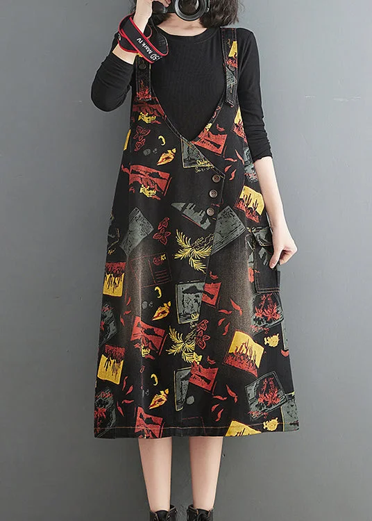 Price Meltdown boho-chic dressCasual Black V Neck Asymmetrical Button Print Strap Denim Dress Summer Price Meltdown boho-chic dressCasual Black V Neck Asymmetrical Button Print Strap Denim Dress Summer