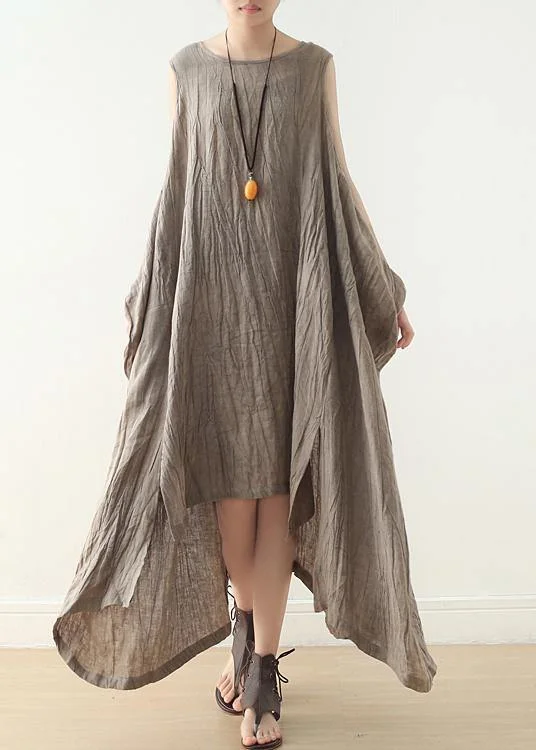Deal Zone wrap-around dressWomen Khaki Asymmetrical Summer Sleeveless Linen Dress