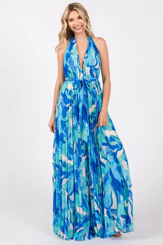 New Deals casual summer dressBlue Printed Halter Neck Wide Leg Jumpsuit