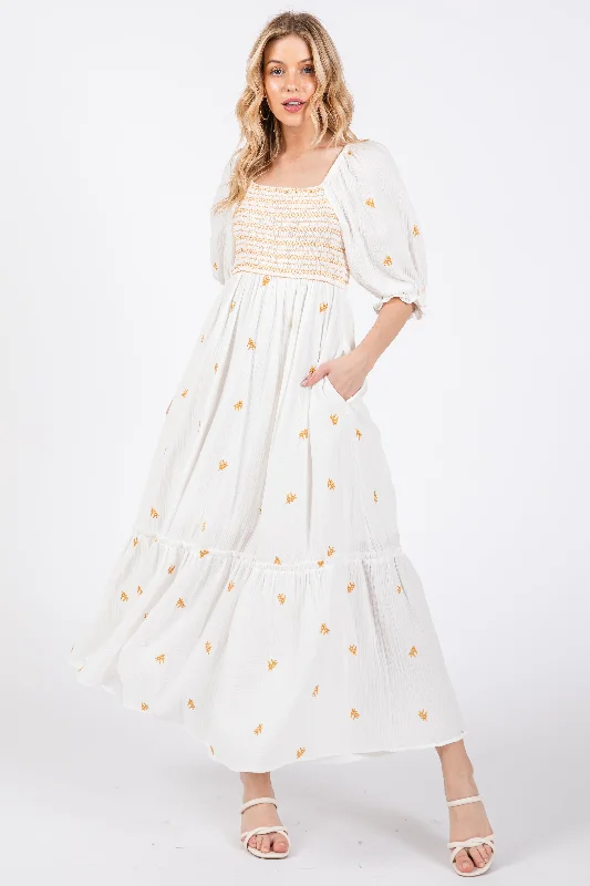 Deal Mania flowy dressIvory Gauze Smocked Embroidered Square Neck Midi Dress
