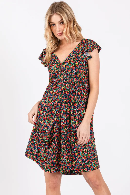Quick Sale boho-chic dressBlack Floral V-Neck Dress