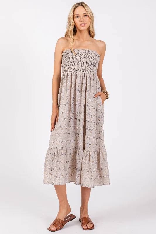Price Rollback satin midi dressGrey Floral Print Smocked Bodice Tube Top Midi Dress