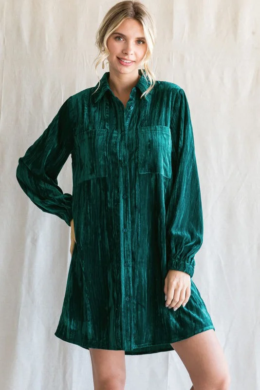 Hurry In ruffle dressTeal Velour Button Up Dress
