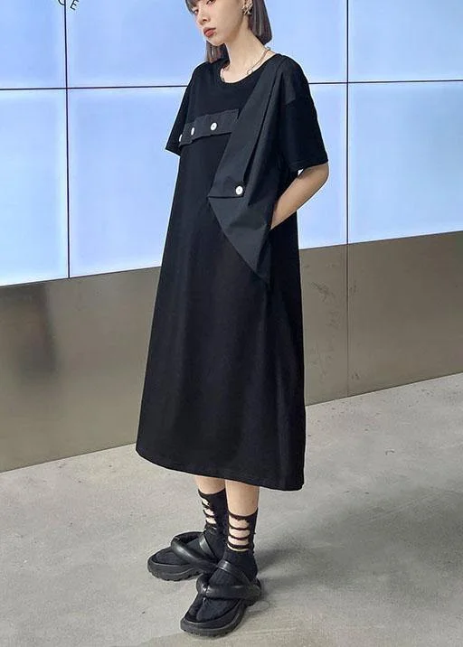 Deal of the Day trendy wrap dressPlus Size Black Patchwork Button Pockets Summer Vacation Dresses