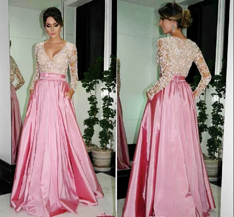 fitted dressElegant A-Line V-neck Prom Dresses Long Sleeve Evening Dresses With Beadings