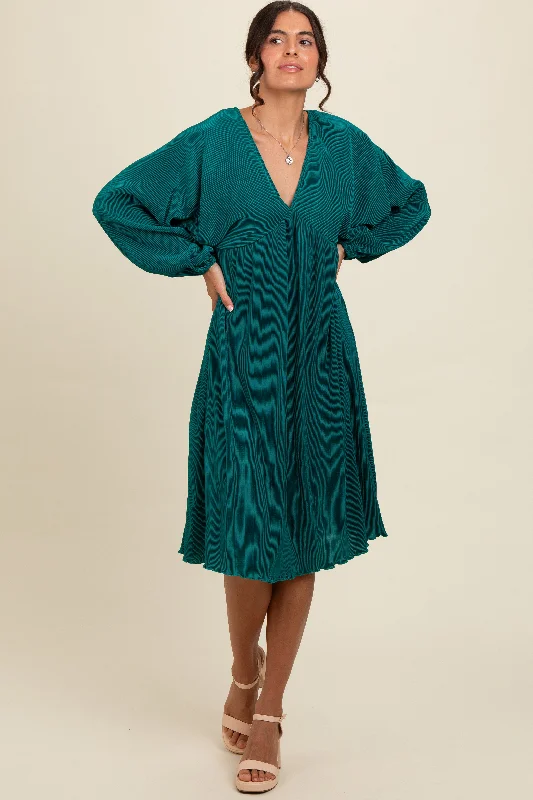 YEAR-End Clearance A-line dressForest Green Pleated Deep V-Neck Midi Dress