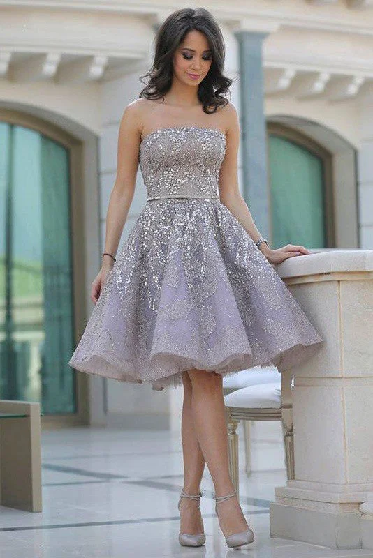 printed dressA-line Sleeveless Sequins Strapless Knee-length Homecoming Dress Prom-333969