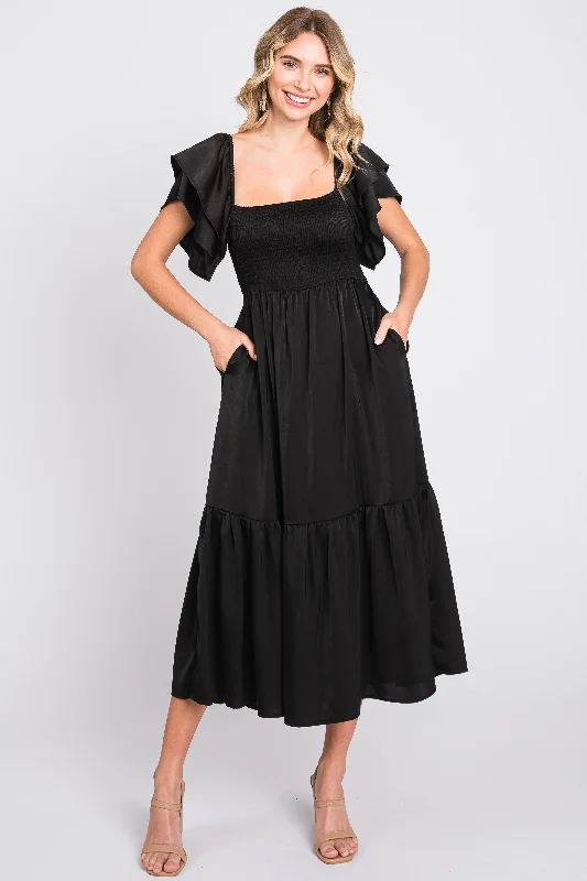 Inventory Reduction cocktail party dressBlack Satin Flutter Sleeve Midi Dress