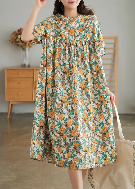 Today’s Deal party dressYellow Print Cotton Vacation Dresses Wrinkled Short Sleeve