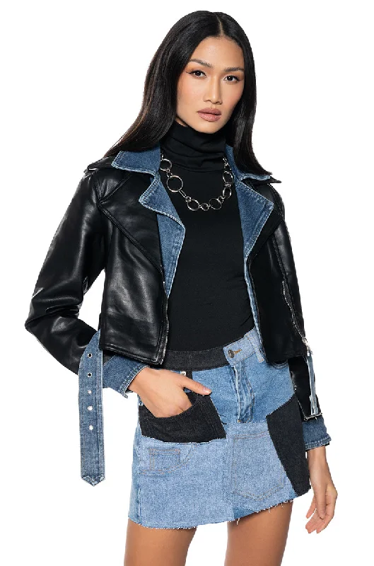 Daily Deals modern outerwearDOUBLE TROUBLE DENIM MOTO JACKET