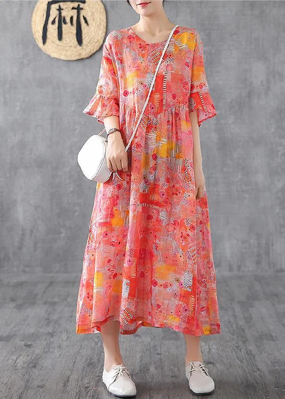 Exclusive Offers boho dressWomen orange print linen dress o neck Petal Sleeve Robe summer Dress