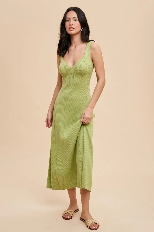 Limited Availability classic fit-and-flare dressLight Olive Knit Deep V-Neck Maxi Dress