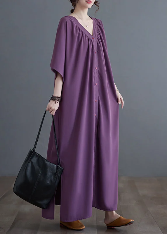 puff sleeve dressPurple Side Open Long Dresses Short Sleeve