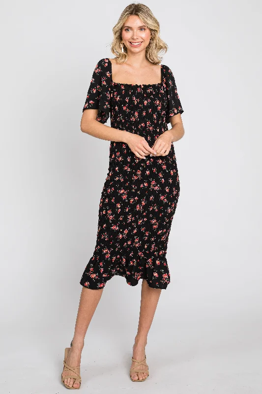 Today Only pleated maxi dressBlack Floral Smocked Ruffle Hem Dress