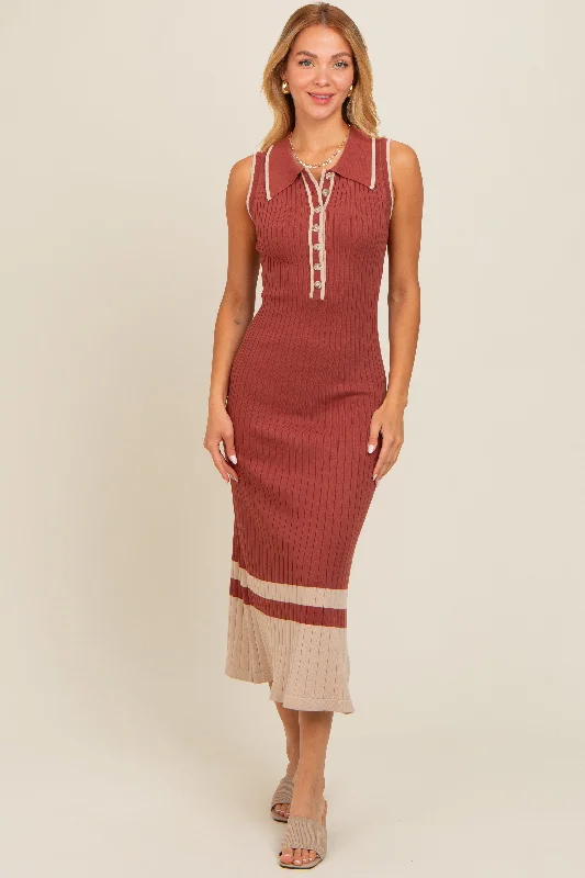 Price Blitz casual summer dressRust Knit Button Front Contrast Border Midi Dress