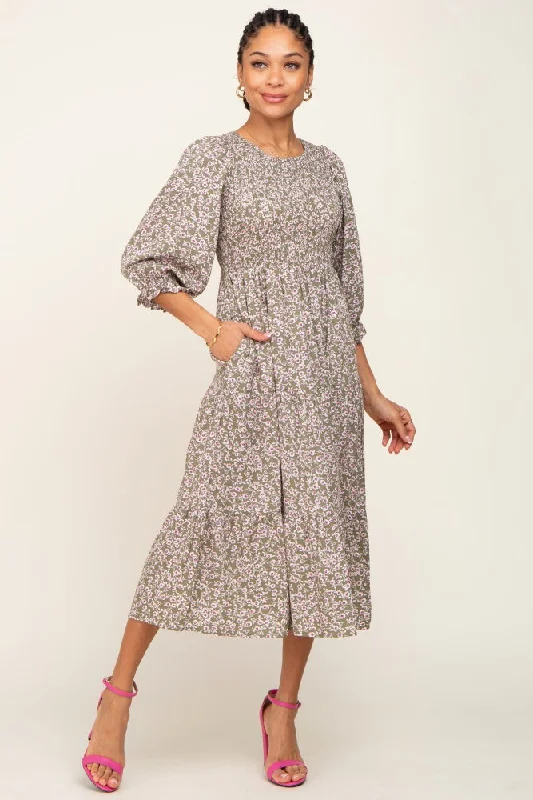 Limited Quantity casual midi dressOlive Floral Smocked 3/4 Sleeve Midi Dress