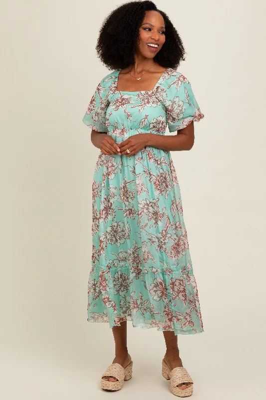 Early Access minimalistic dressMint Green Floral Chiffon Ruffle Hem Midi Dress