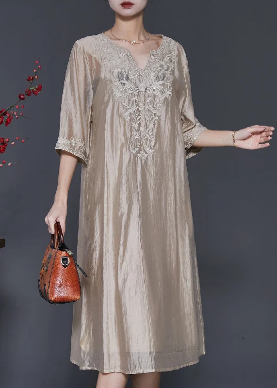 casual knit dressFrench Champagne Embroidered Linen Silk Dresses Half Sleeve