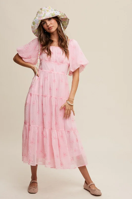 Price Cut chic dressPink Flower Embroidered Puff Sleeve Tiered Maxi Dress