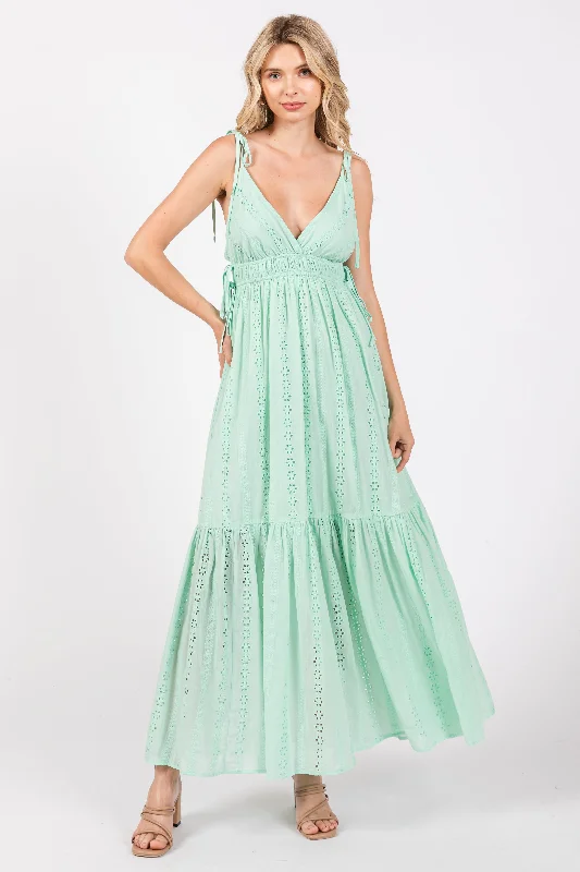 Inventory Reduction elegant maxi dressMint Green Floral Eyelet Shoulder Tie Dress