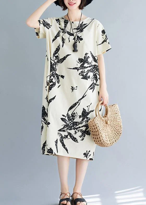 Super Bargain floral wrap dressWomen o neck pockets Cotton summer dresses pattern beige print Dress