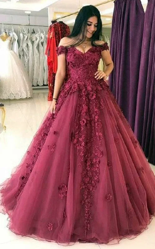 winter dressTulle Floor-length Brush Train Ball Gown Sleeveless Modern Prom Evening Dress with Appliques-334292