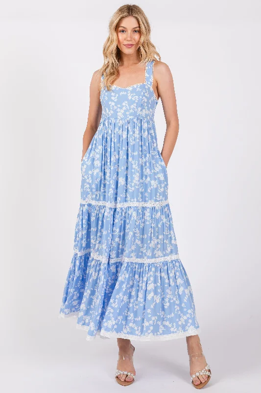 Midnight Sale trendy bodycon dressLight Blue Floral Lace Trim Tiered Maxi Dress