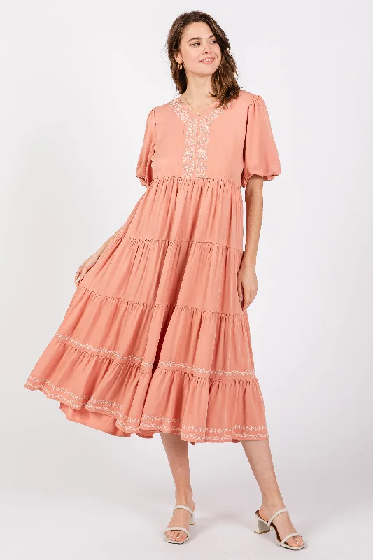 Exclusive Savings midi dressSalmon Short Sleeve Tiered Dress