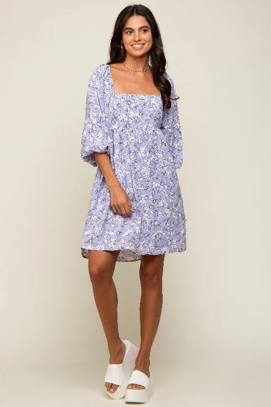 Price Cut evening dressLavender Floral Square Neck Back Cut Out Tie Dress