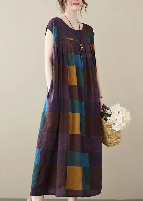 Stock Up and Save spaghetti strap dressPurple Plaid Patchwork Linen Ankle Dress wrinkled Short Sleeve Stock Up and Save spaghetti strap dressPurple Plaid Patchwork Linen Ankle Dress wrinkled Short Sleeve