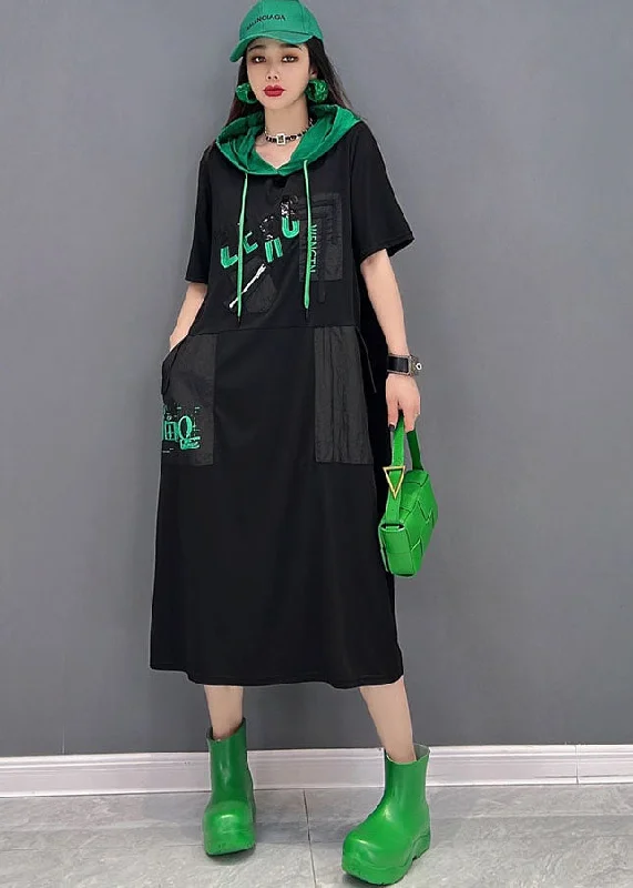 Limited Time Offer bohemian dressCasual Black Colorblock Hooded Cotton Sweatshirts Dress Short Sleeve