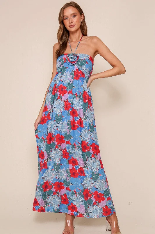 Extra Savings casual dressBlue Floral Halter Maxi Dress