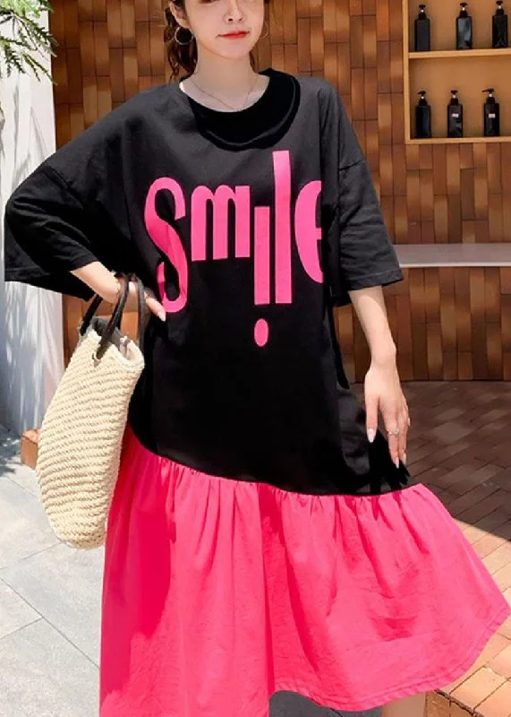 Stock Clearance denim dressOrganic Black Patchwork Rose O-Neck Summer Maxi Dress Half Sleeve