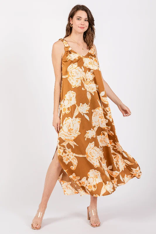 Act Now casual shift dressMocha Floral Ruched Strap V-Neck Midi Dress