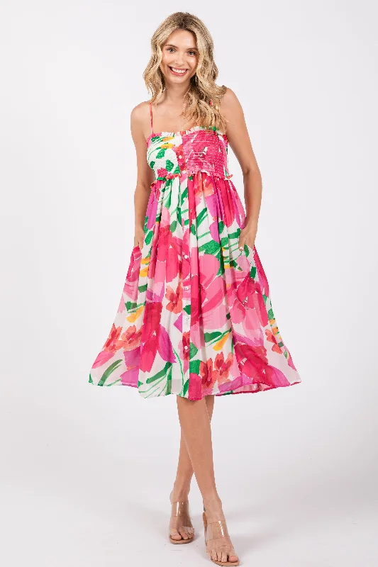 Unbeatable Prices satin dressPink Floral Smocked Chiffon Midi Dress
